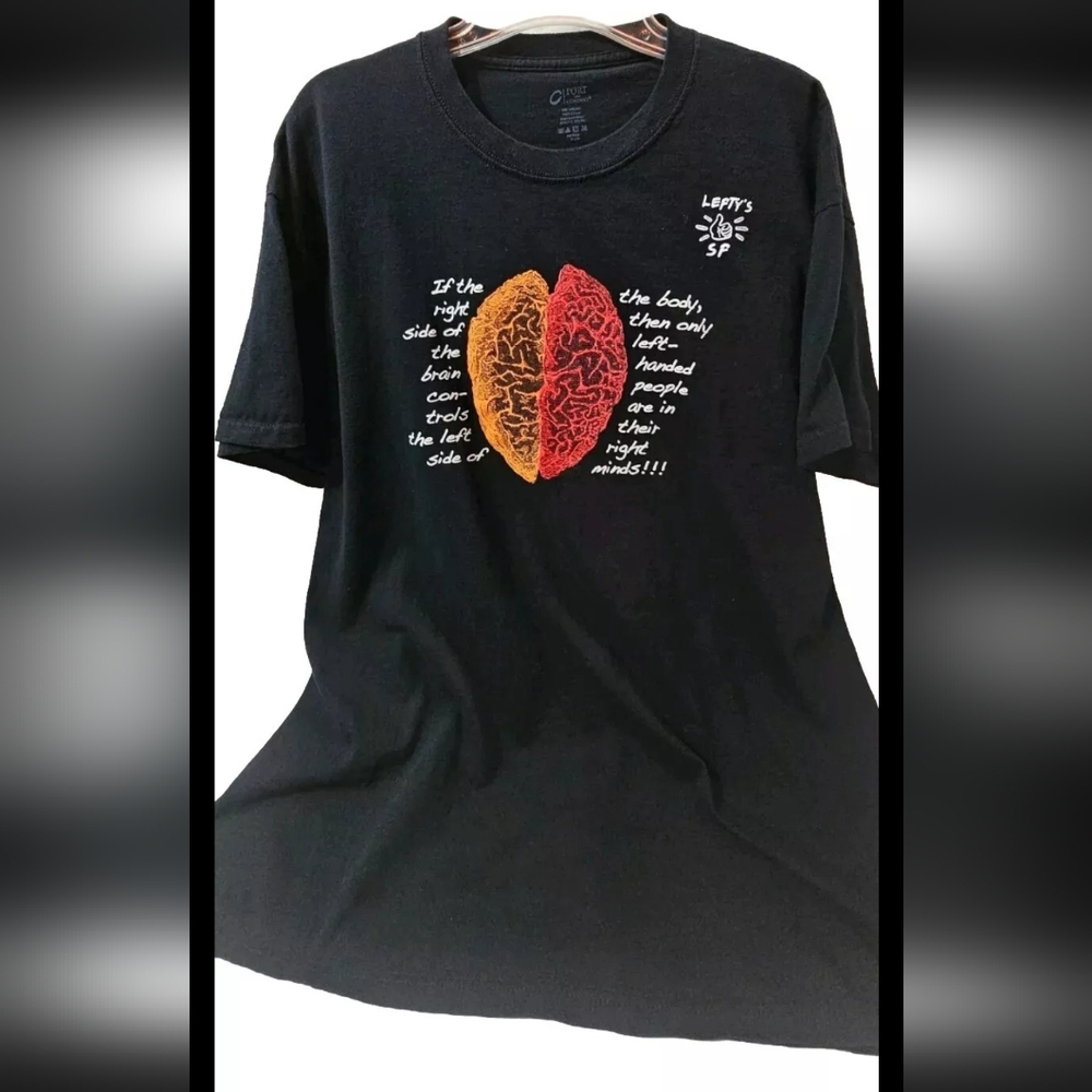 LEFTY'S Men's XL Black Left Side Brain Tee Shirt In EUC